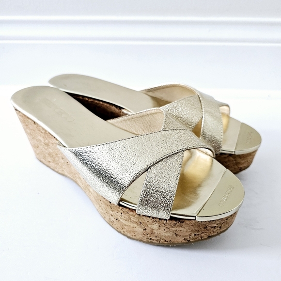 Jimmy Choo Perfume Metallic Leather Cork Wedge Sandals Size EU 40 1/2 - Picture 1 of 10